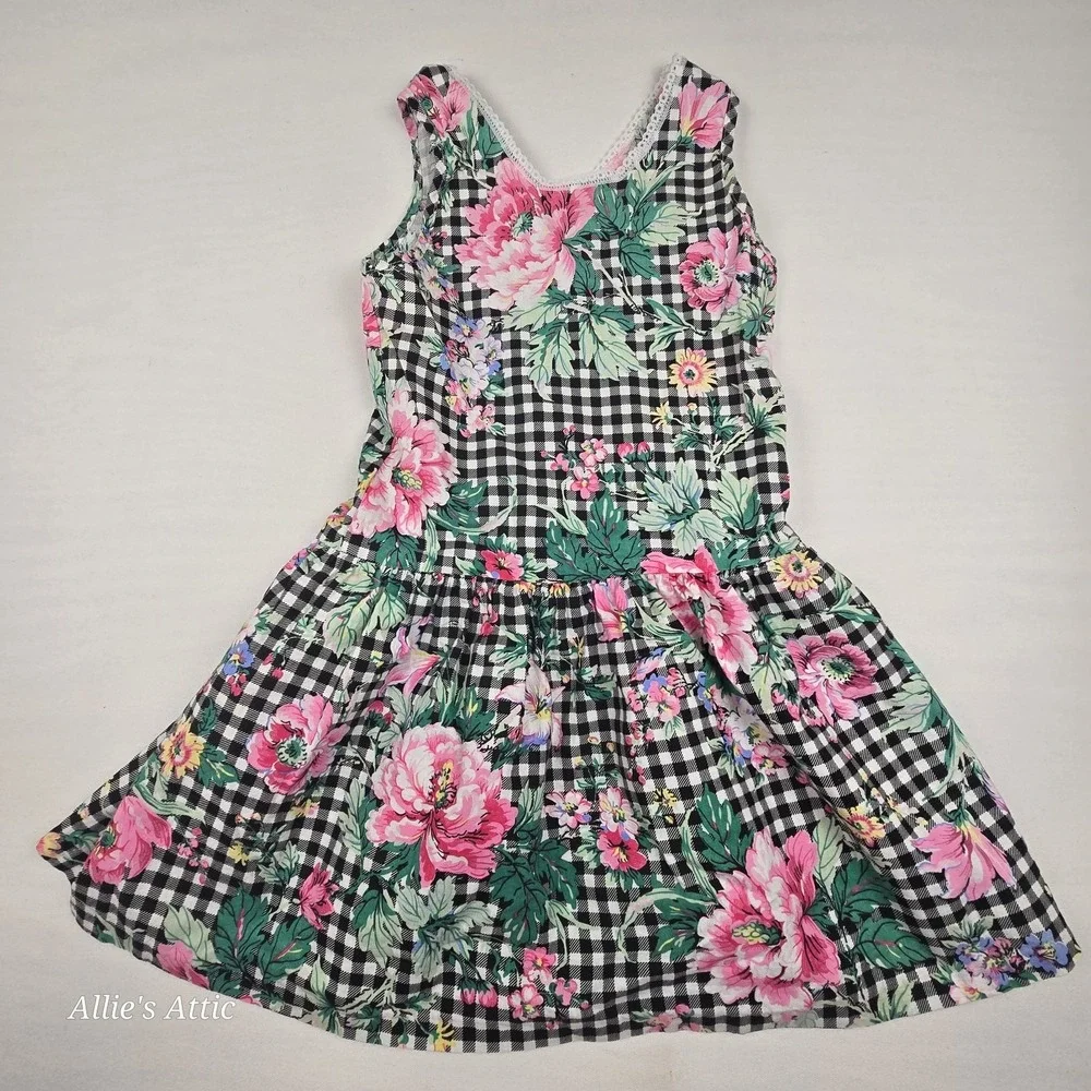 Vintage Girls Dress Sleeveless Tank Pink Black Gingham Flower Floral Cotton Tie